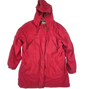 Curves Women Red Hooded Parka JacketLeopard Print Lining Large L Zippered Pocket